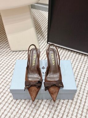 Prada Brown Suede Pointed Slingback Pumps with Bow Detail